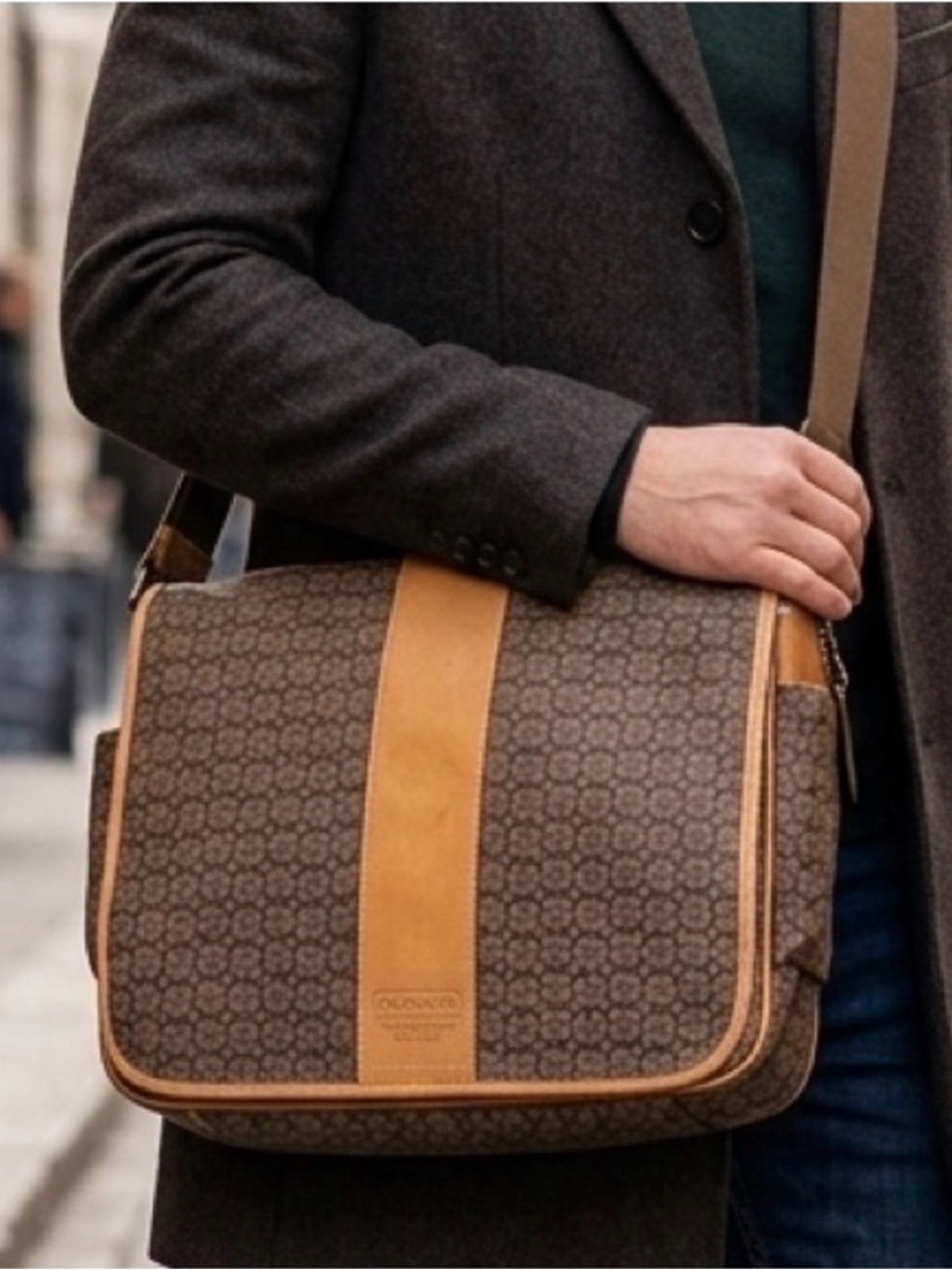 Coach Brown Monogram Messenger Bag with Tan Accents